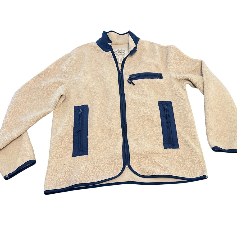 St Johns Bay Mens Sherpa Fleece Jacket Tan Navy Blue Full Zip Mock Neck Large